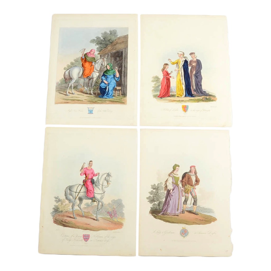 Four Antique Hand-colored Aquatint Etchings of Medieaval Figures