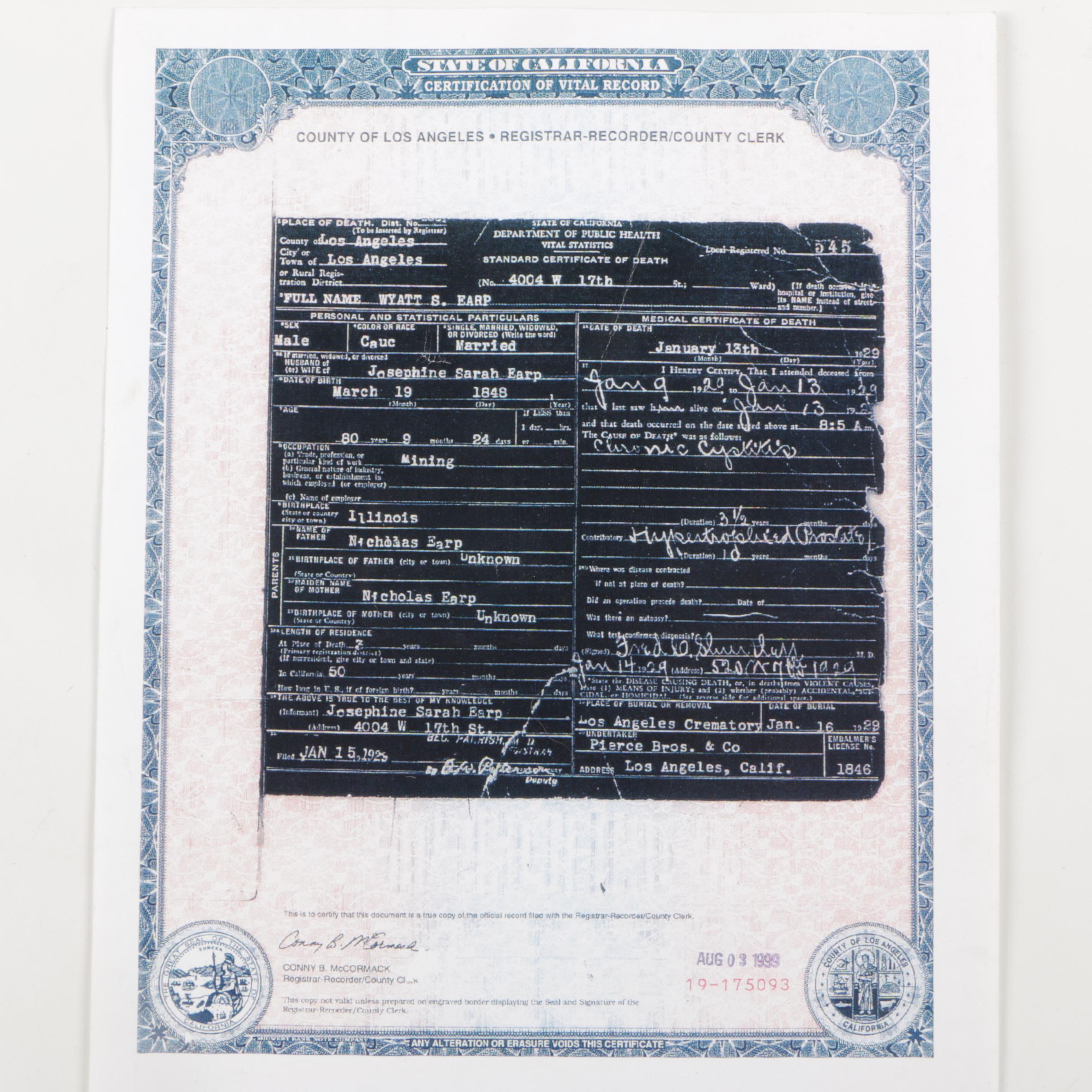 Copy of Wyatt Earp Death Certificate