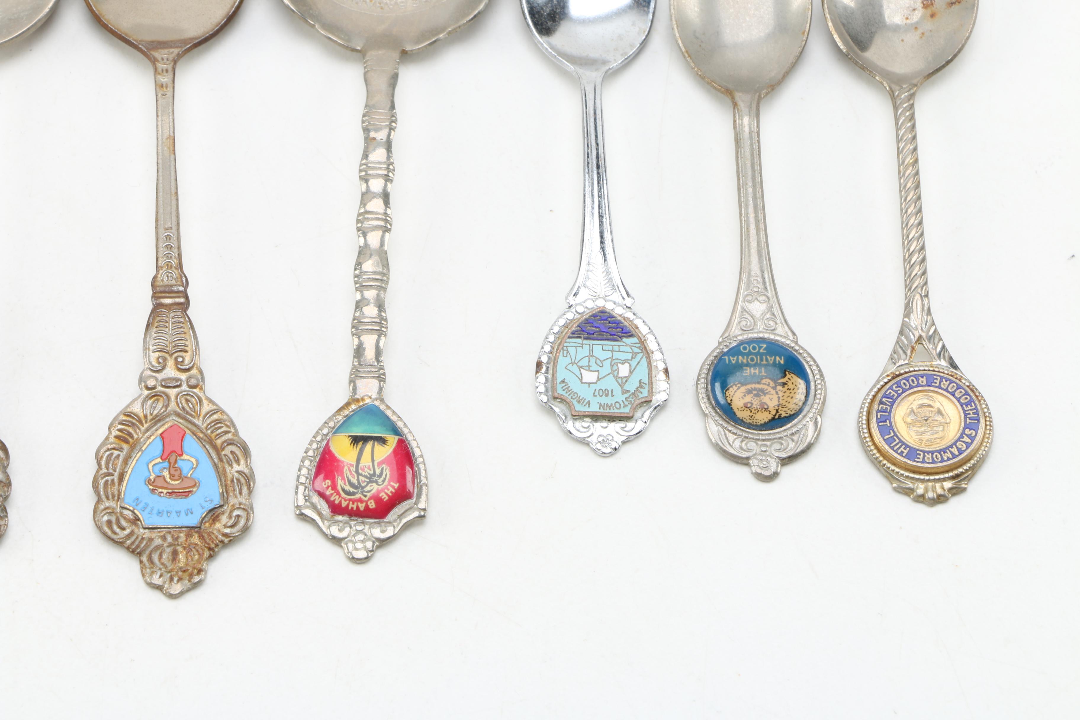 Collection of Vintage Silver Plate Souvenir Spoons and American Spoons