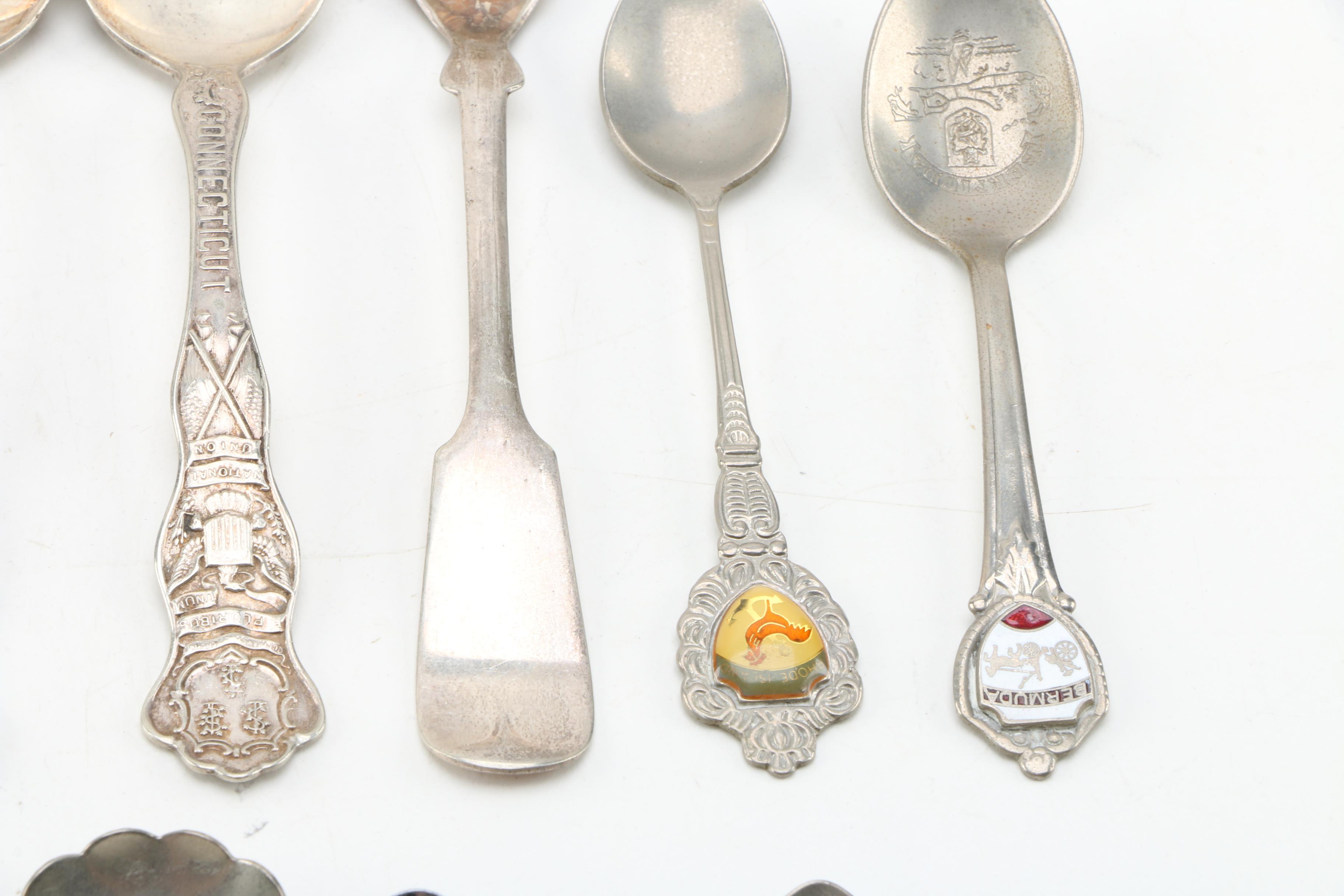Collection of Vintage Silver Plate Souvenir Spoons and American Spoons