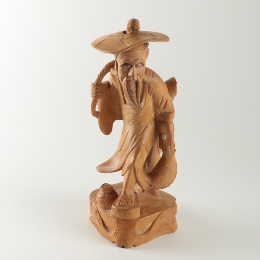 Chinese Carved Wooden Sculpture of a Fisherman