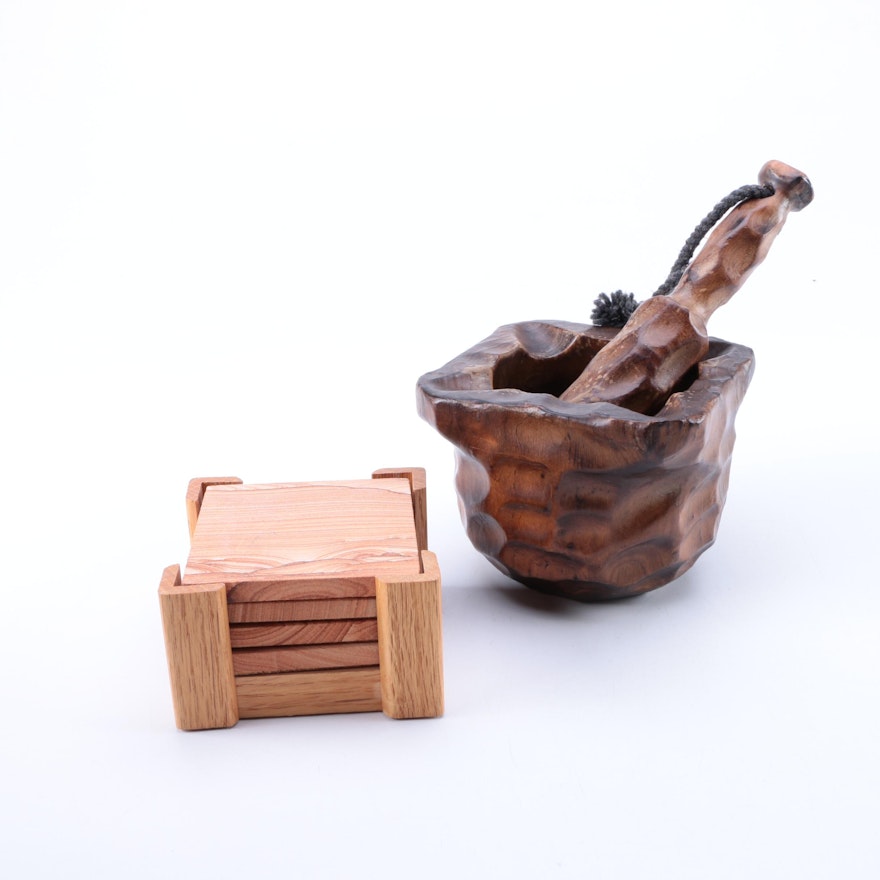 Wooden Mortar and Pestle and Sandstone Coasters