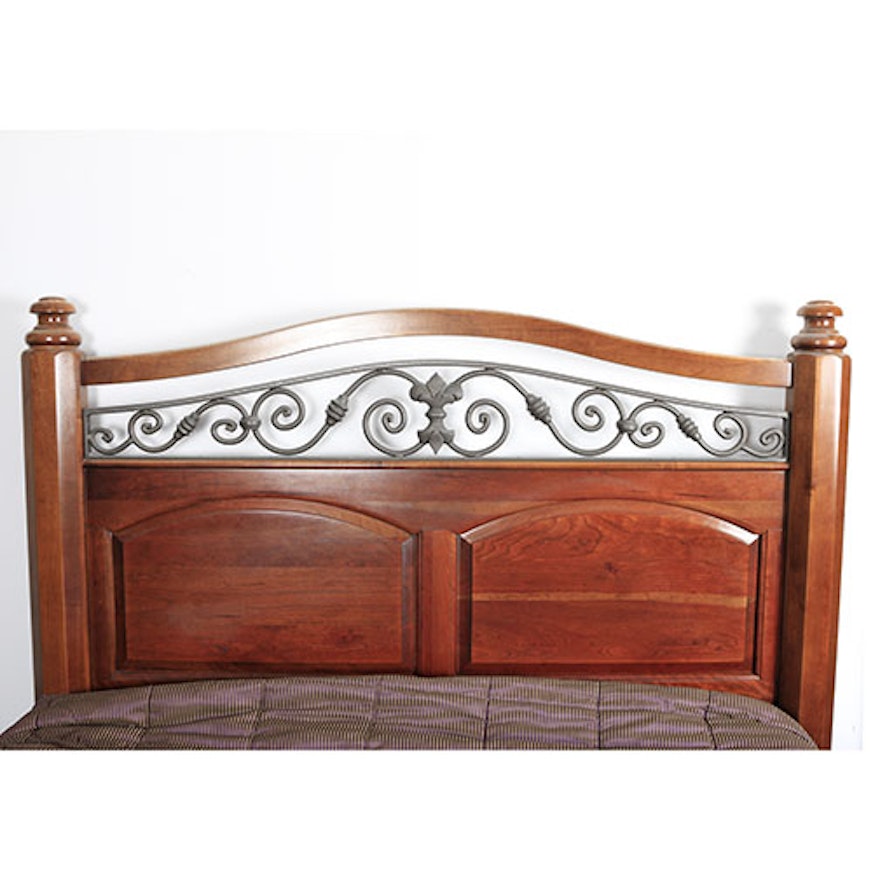 Cherry and Wrought Iron Queen-Size Bed Frame with Footboard