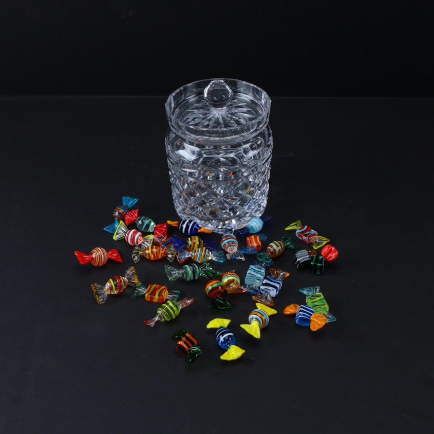 Waterford "Glandore" Crystal Biscuit Barrel and Decorative Glass Candies