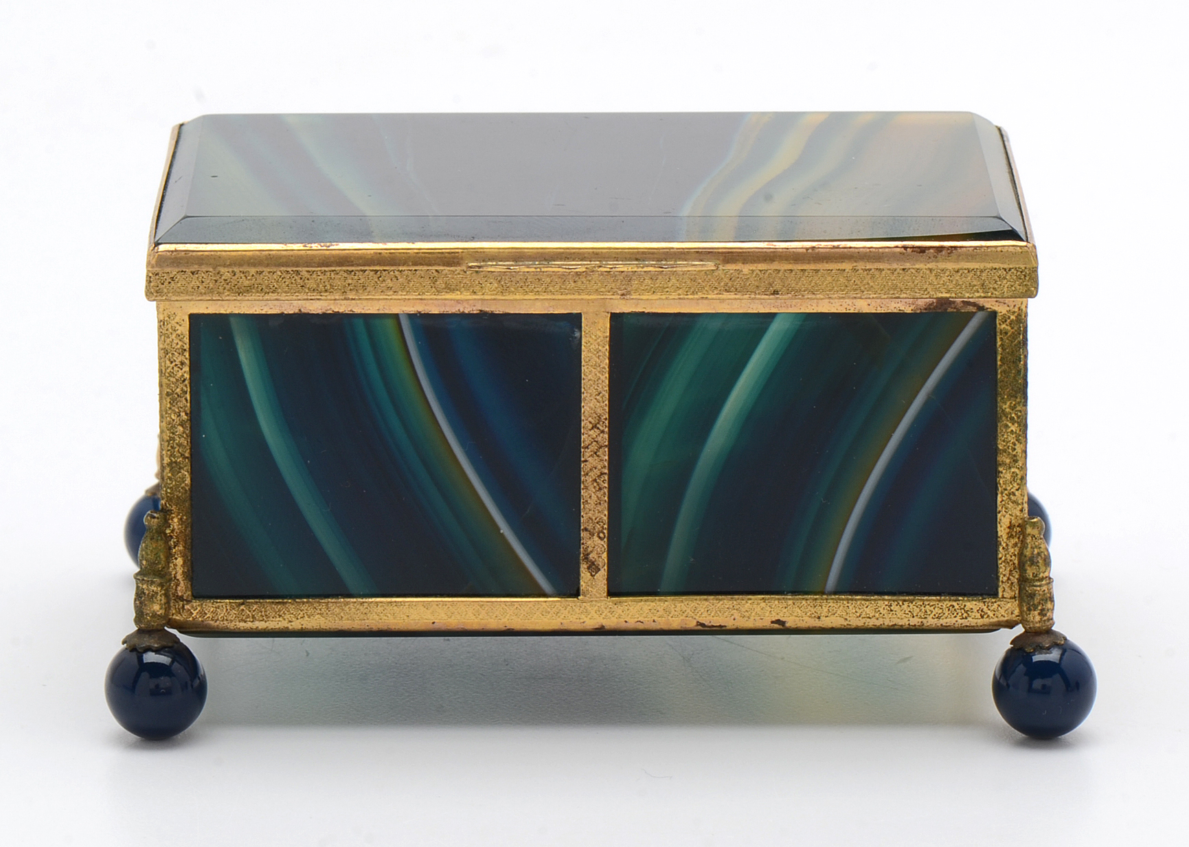 Blue Agate and Brass Coffer Form Box on Ball Feet