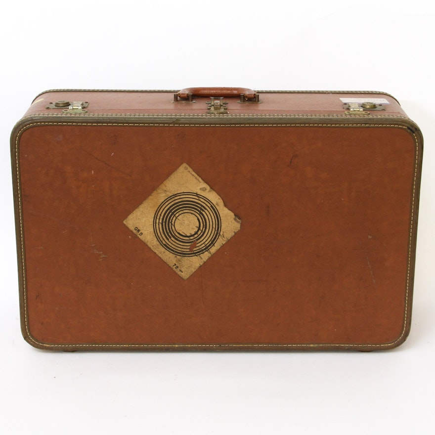 Vintage Oshkosh Brown Leather Suitcase