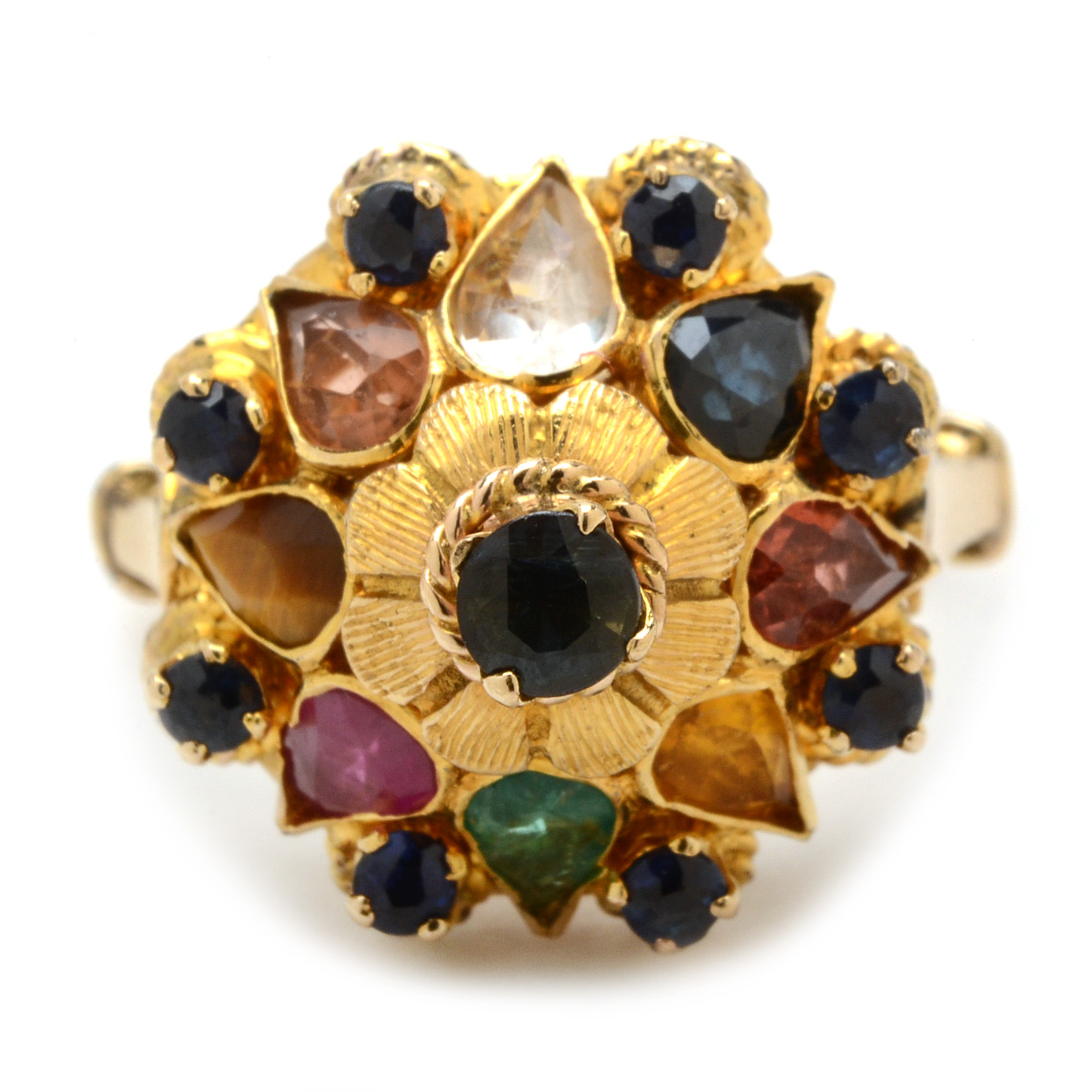 18K Yellow Gold Multiple Gemstone Ring with Natural Sapphires, Ruby, and Emerald