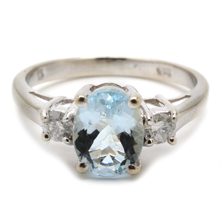 14K White Gold 1.10 Carat Natural Aquamarine Diamond Ring