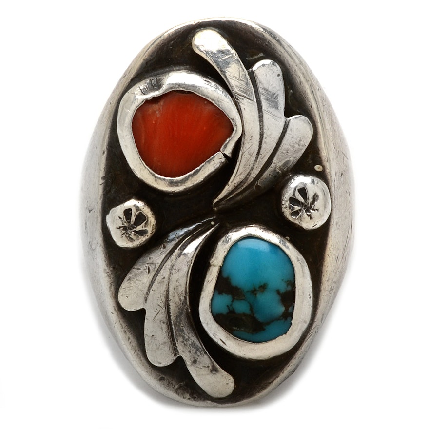 Native American Style Sterling Silver Turquoise and Coral Ring