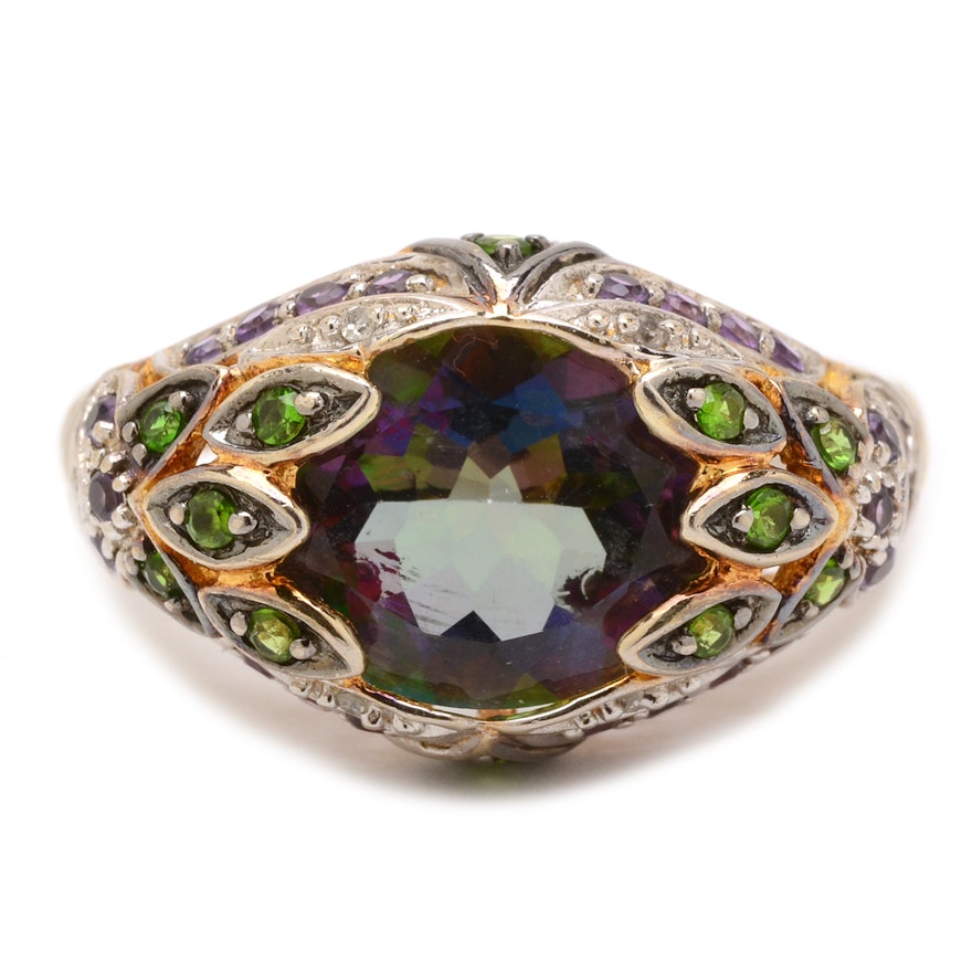 Gold Wash Sterling Silver Mystic Topaz, Diopside, Amethyst and Diamond Ring