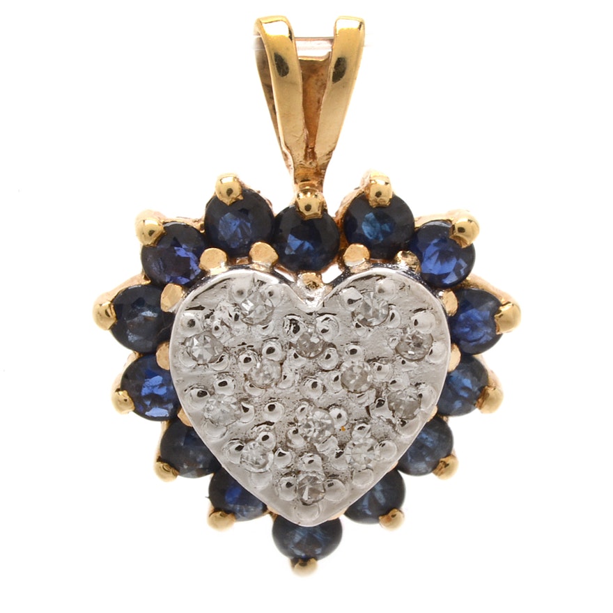14K Yellow Gold Diamond Natural Blue Sapphire Heart-Shaped Pendant
