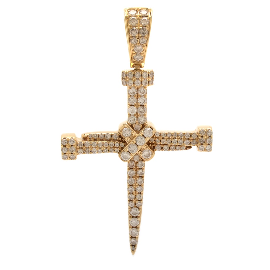 14K Yellow Gold 1.50 CTW Diamond Nail Cross Pendant