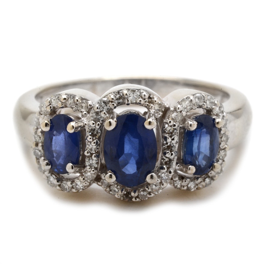 14K White Gold Natural Blue Sapphire Diamond Ring