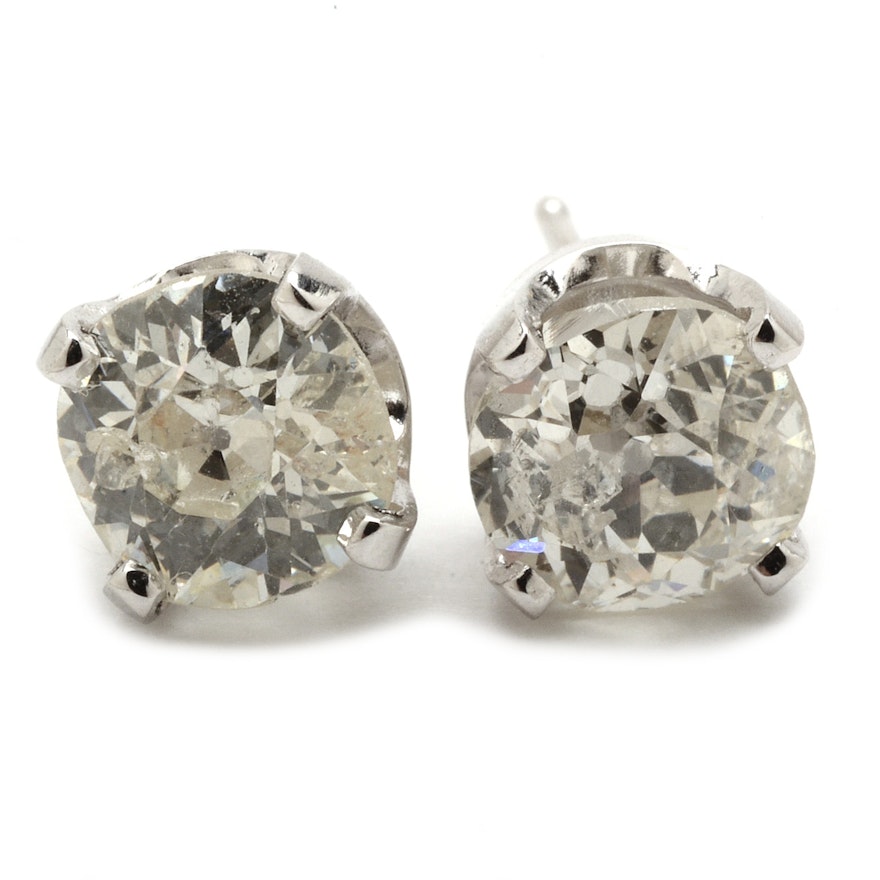 Pair of 14K White Gold 1.96 CTW Old Mine Cut Diamond Stud Earrings