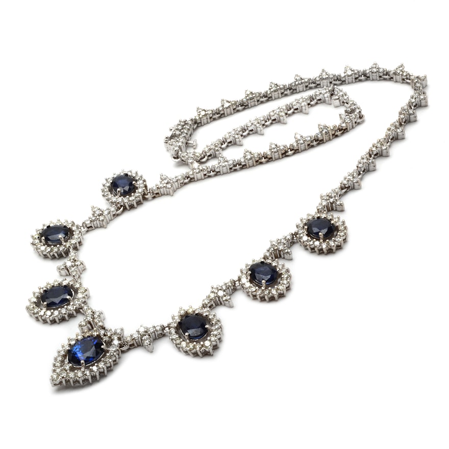 18K White Gold 11.12 CTW Natural Sapphire and 10.36 CTW Diamond Necklace