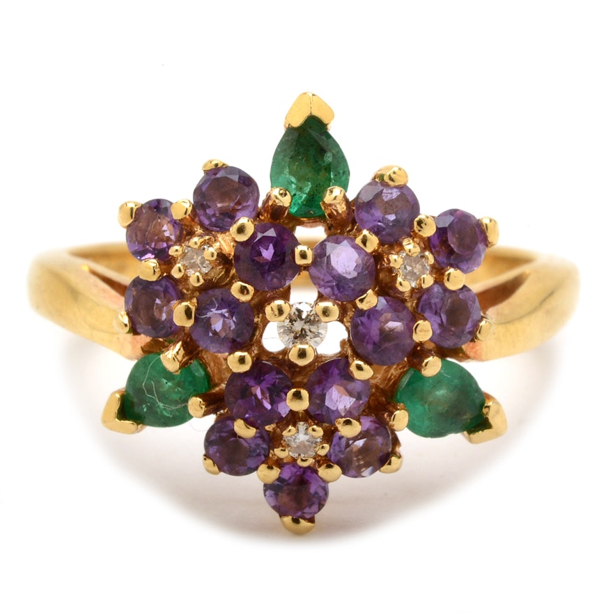 18K Yellow Gold Amethyst, Natural Emerald, and Diamond Floral Cluster Ring