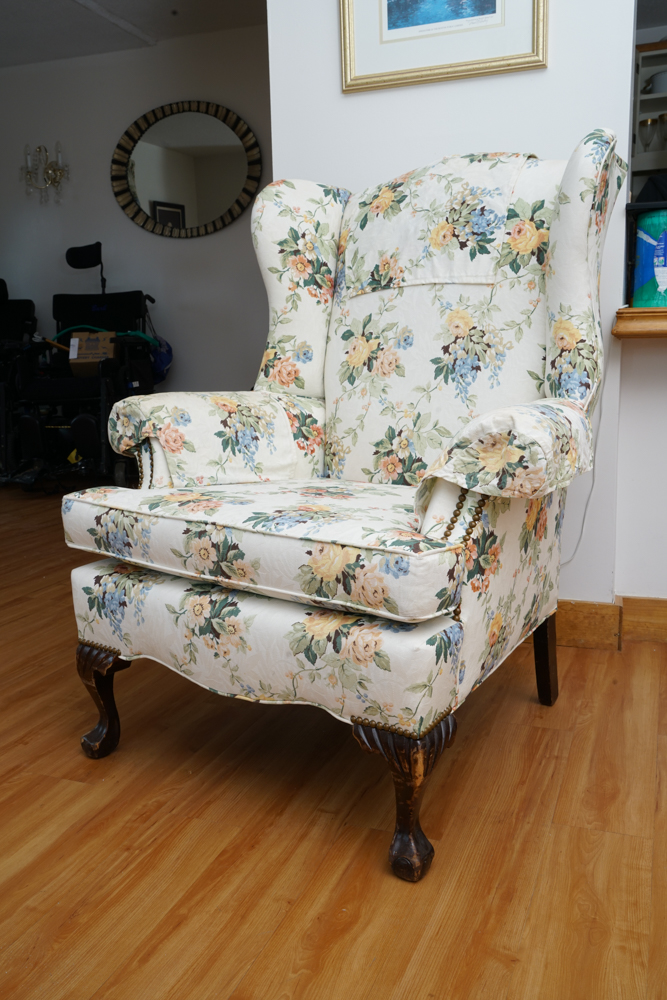 Vintage Chippendale Style Floral Print Wing Chair