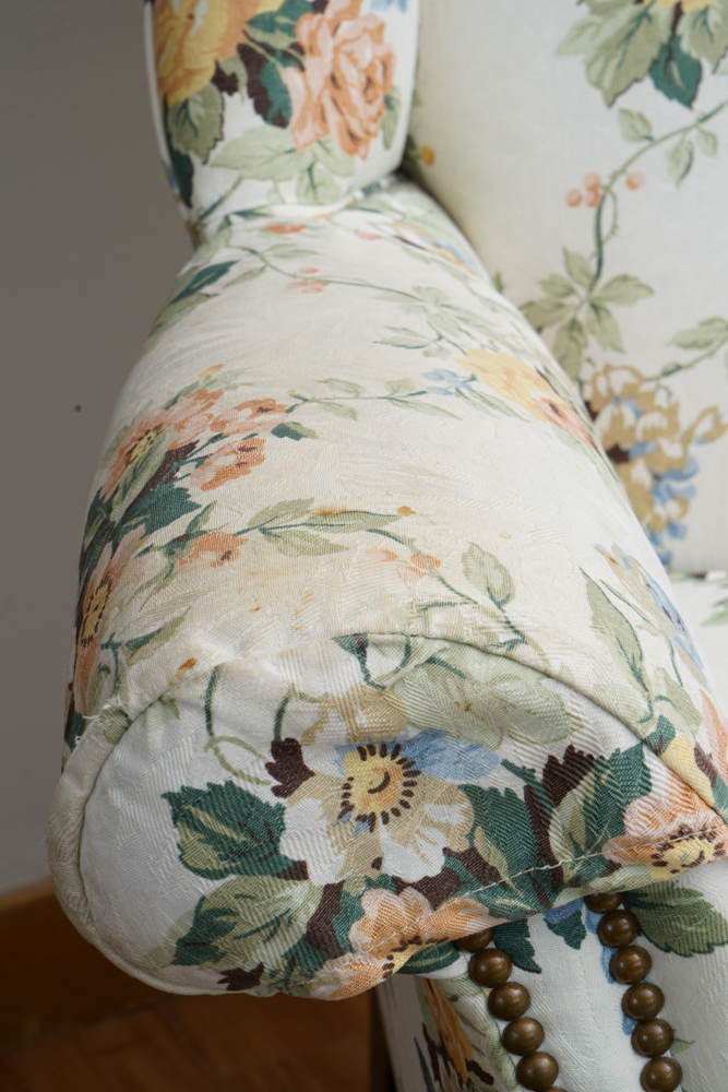 Vintage Chippendale Style Floral Print Wing Chair