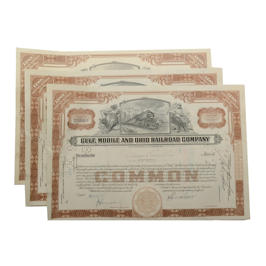 Three Vintage Railroad Stock Certificates