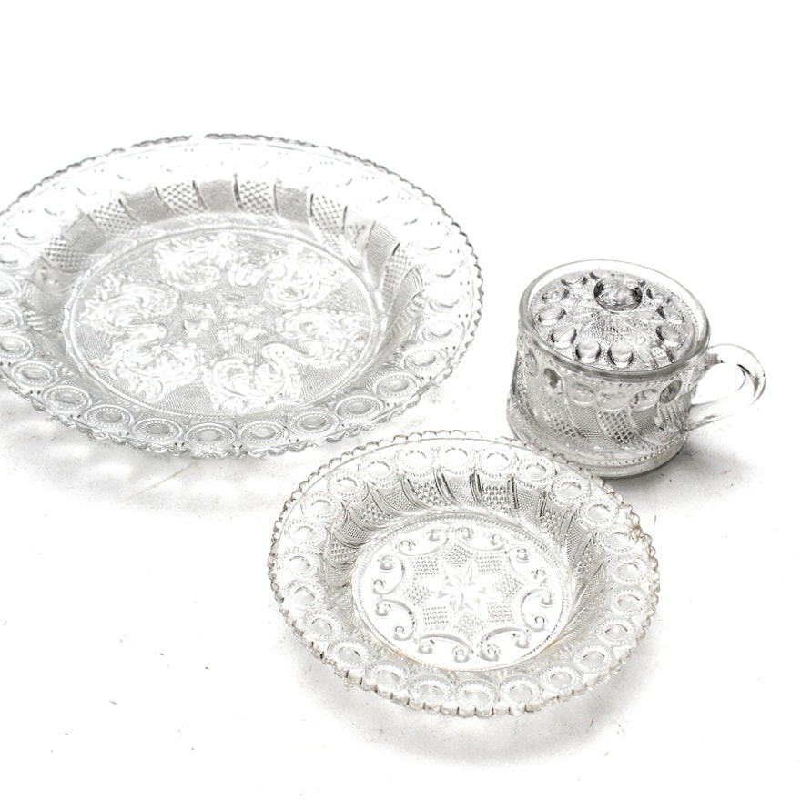 Grouping of Antique Lacy Sandwich Glass Pieces With Peacock Feather Rim