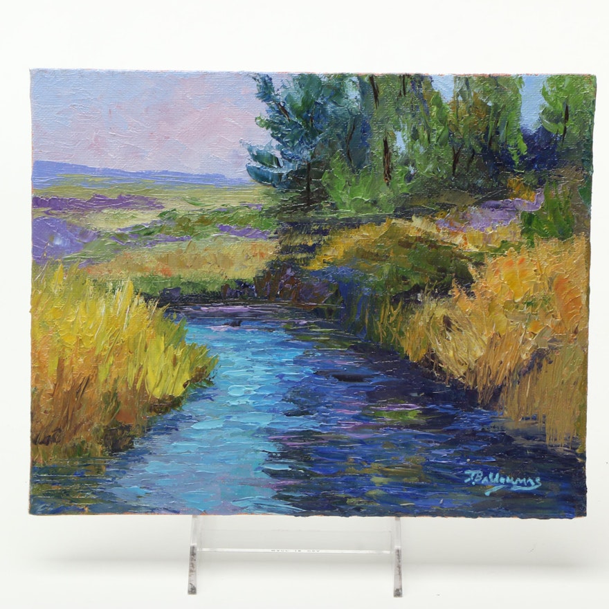 James Baldoumas 2017 Landscape Oil Painting on Canvas Board "Slow Moving Stream"