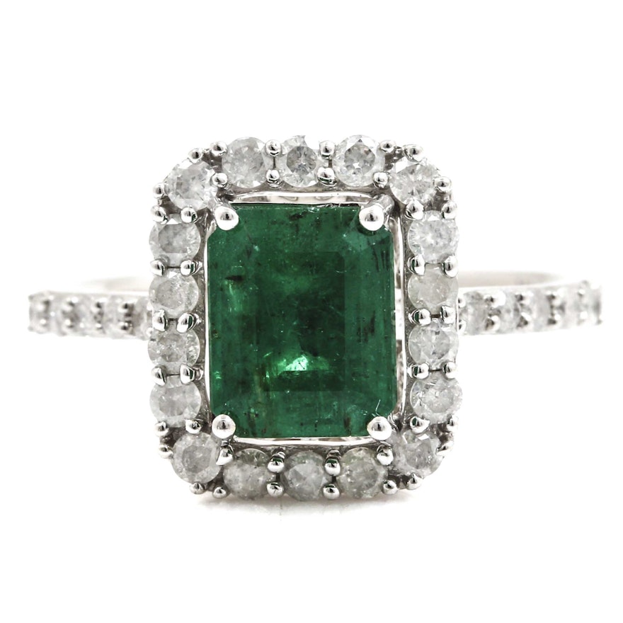 14K White Gold Diamond and 1.54 CT Emerald Ring