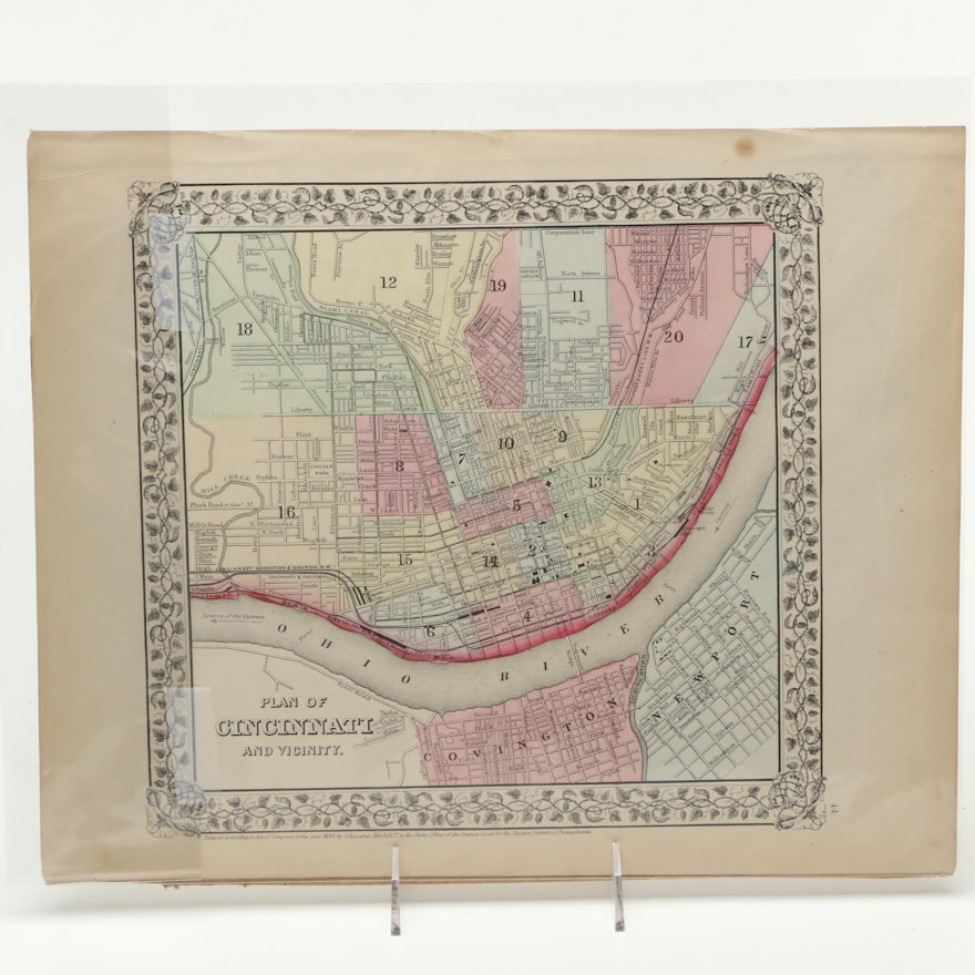 S. Augustus Mitchell Jr. 1870s Lithograph Map "Plan of Cincinnati and Vicinity"