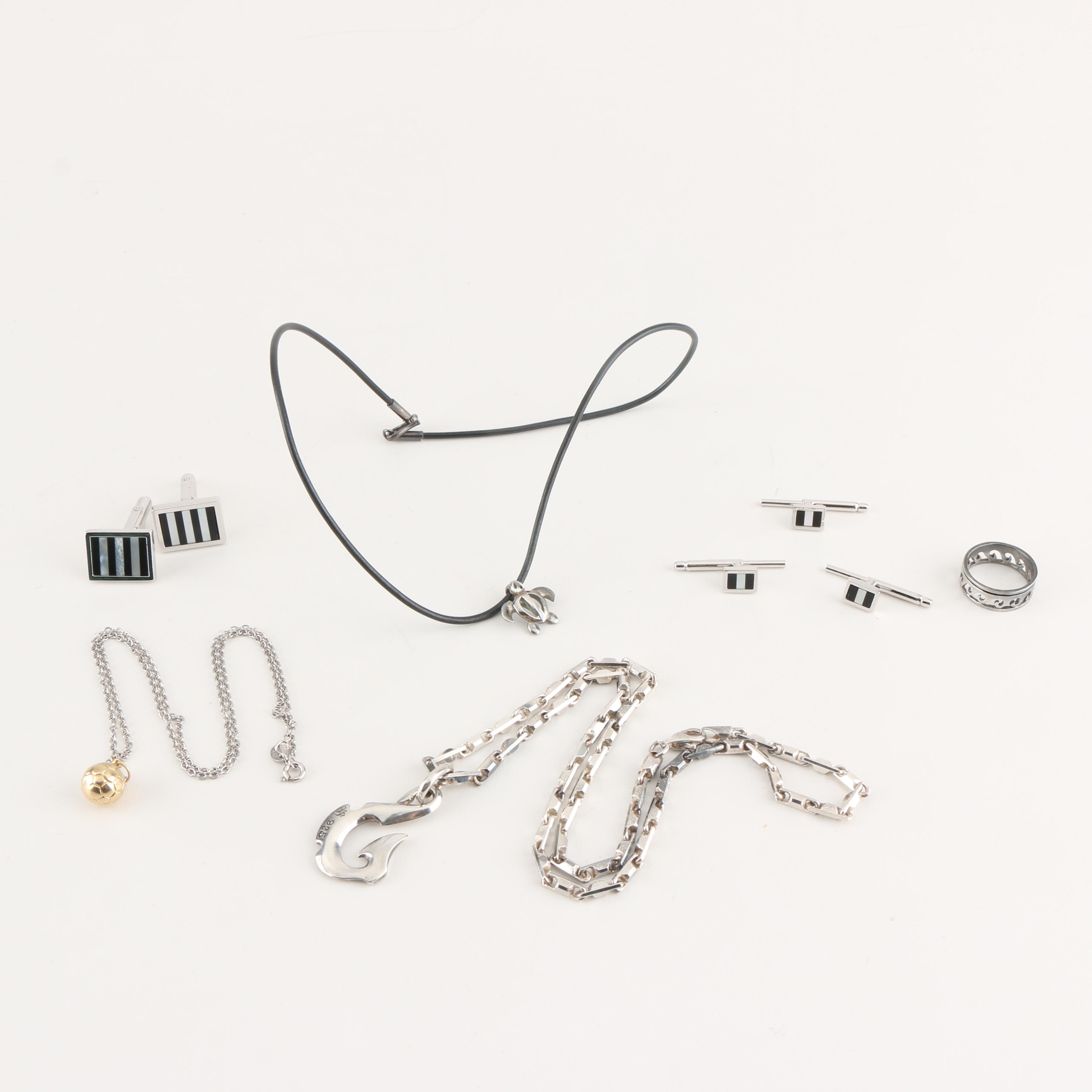 Sterling Silver Jewelry Including Walter E Hayward Cufflink and 14K Gold Pendant