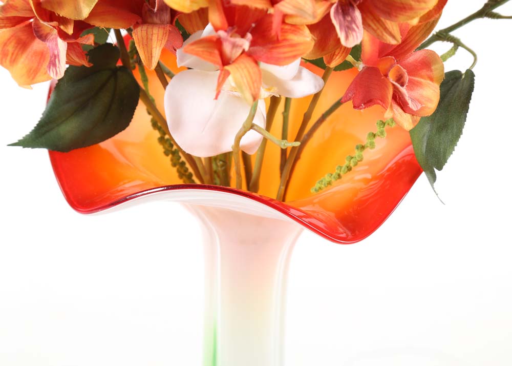 Art Glass Vase with Faux Orchids