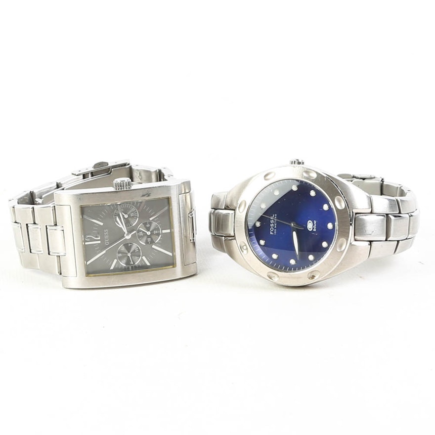 Stainless Steel Wristwatches Featuring Fossil and Guess