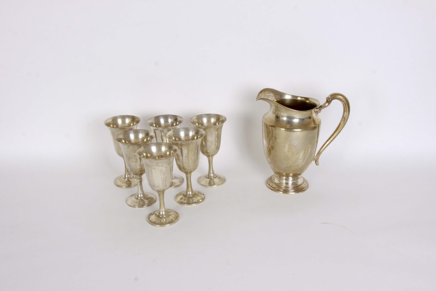Sterling Silver Pitcher and Goblets Featuring Wallace
