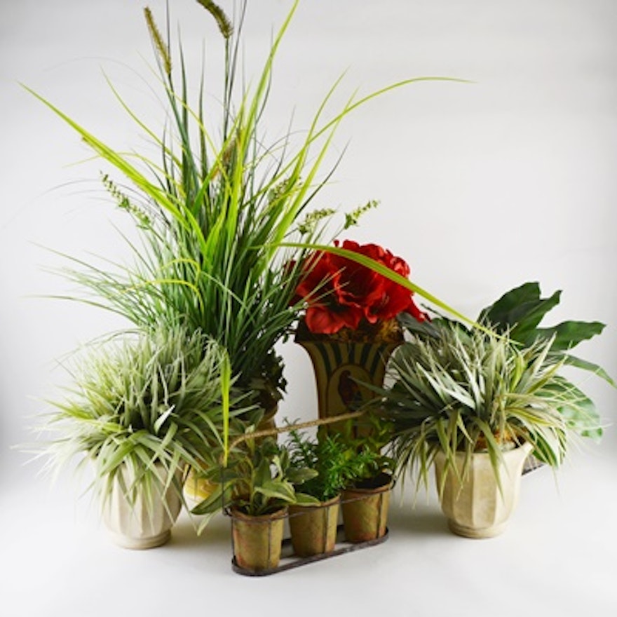 Four Faux Plants With Red Amaryllis