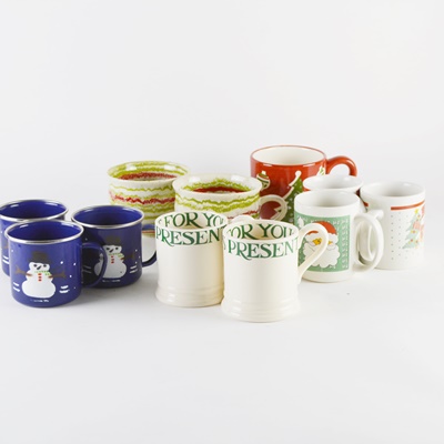 Assortment of Christmas Mugs including Crate and Barrel