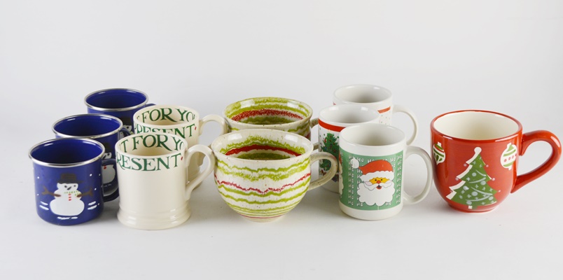 Assortment of Christmas Mugs including Crate and Barrel