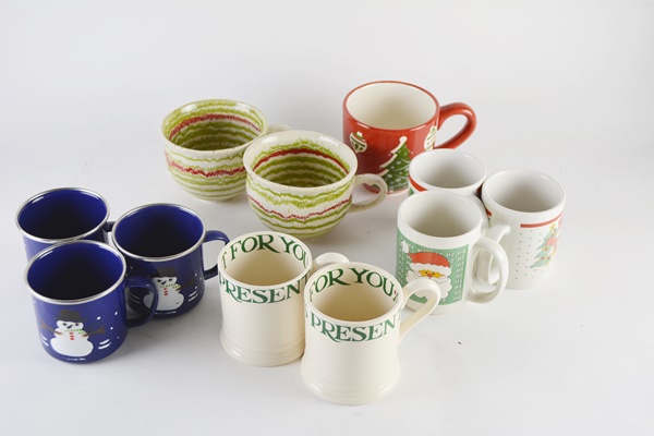 Assortment of Christmas Mugs including Crate and Barrel