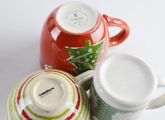 Assortment of Christmas Mugs including Crate and Barrel