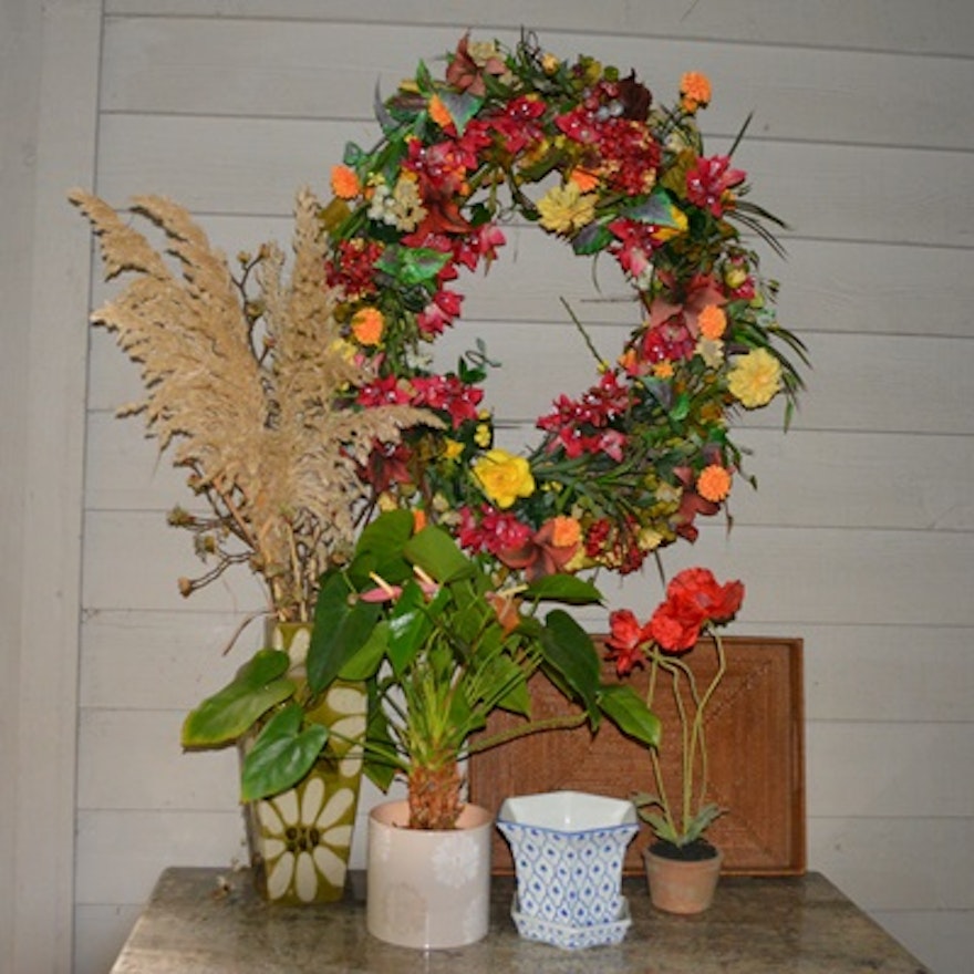 Faux Floral Wreath and Other Decor