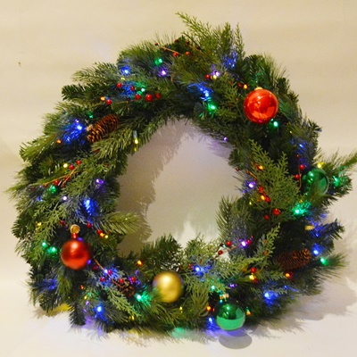 Faux Evergreen Wreath With Bulbs