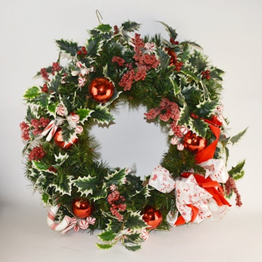 Faux Evergreen Wreath With Holly