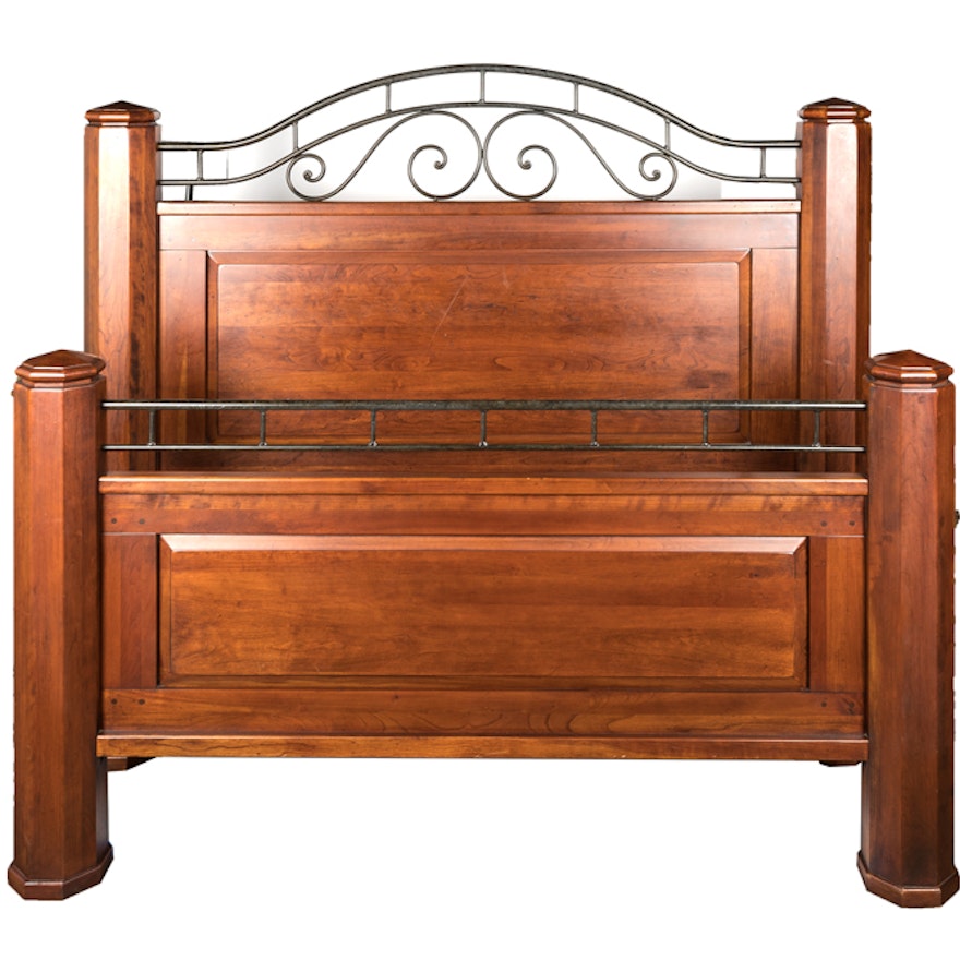 Cherry Finished Queen-Size Bed With Wrought Iron Detail