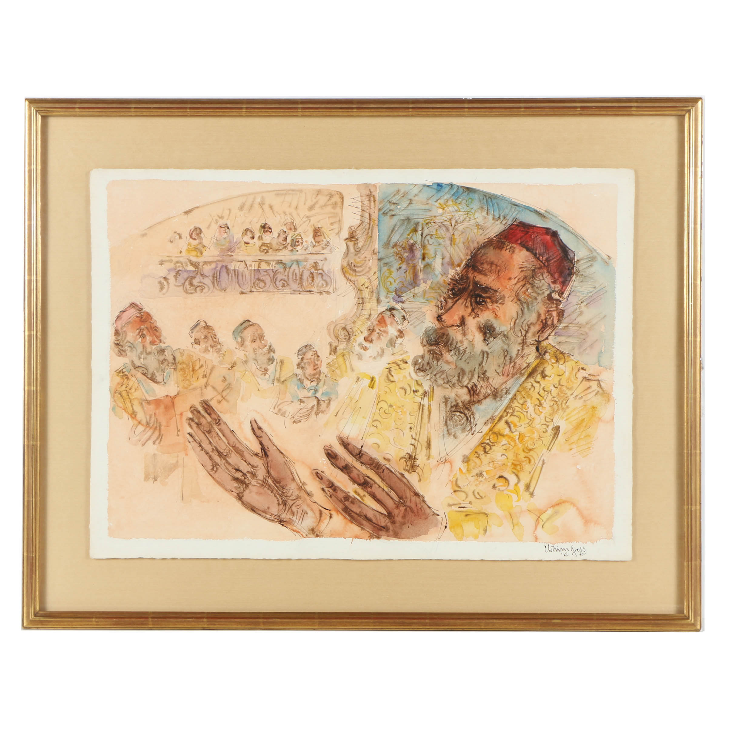 Chaim Gross Vintage Watercolor and Graphite Painting of a Jewish Assembly