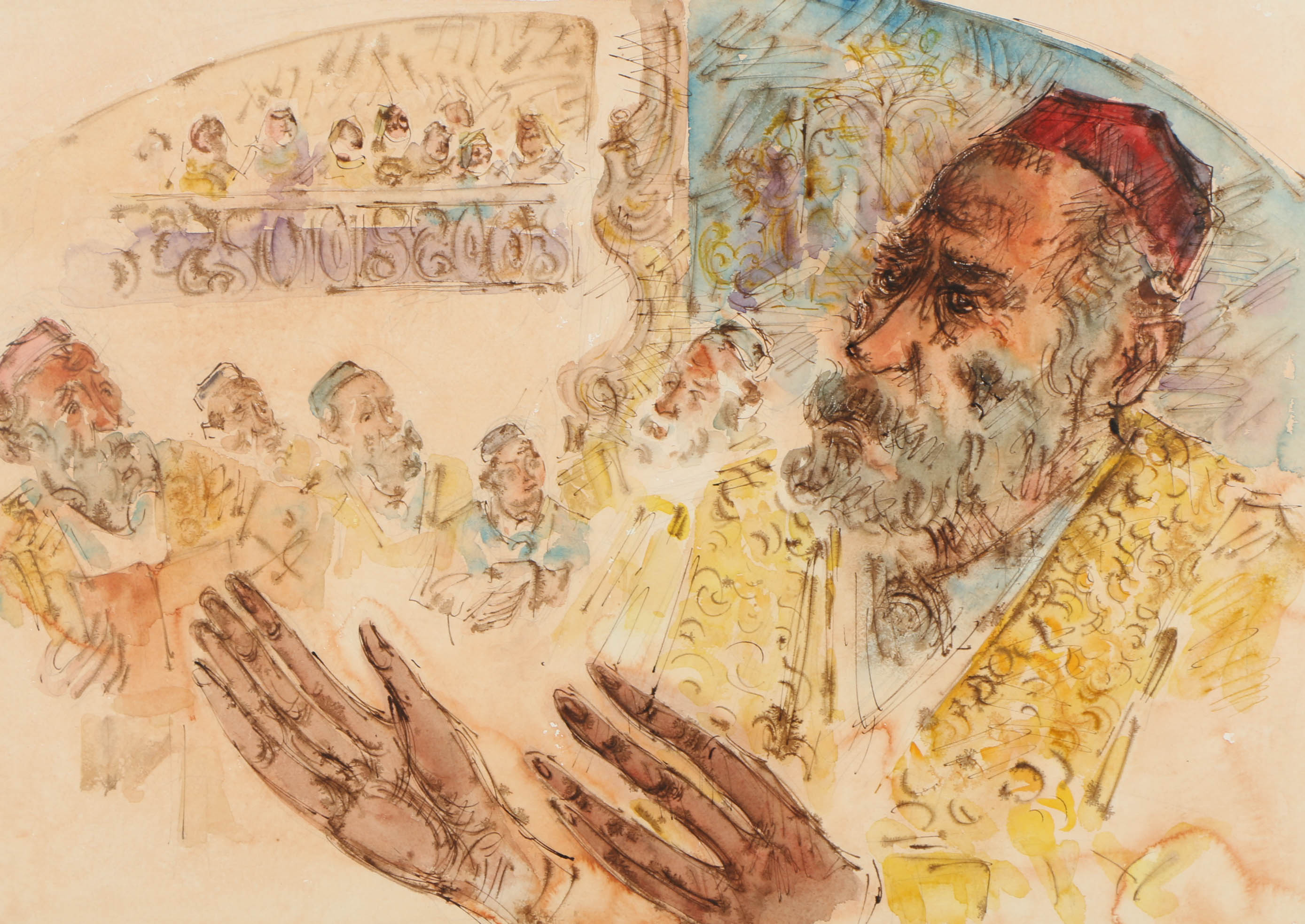 Chaim Gross Vintage Watercolor and Graphite Painting of a Jewish Assembly