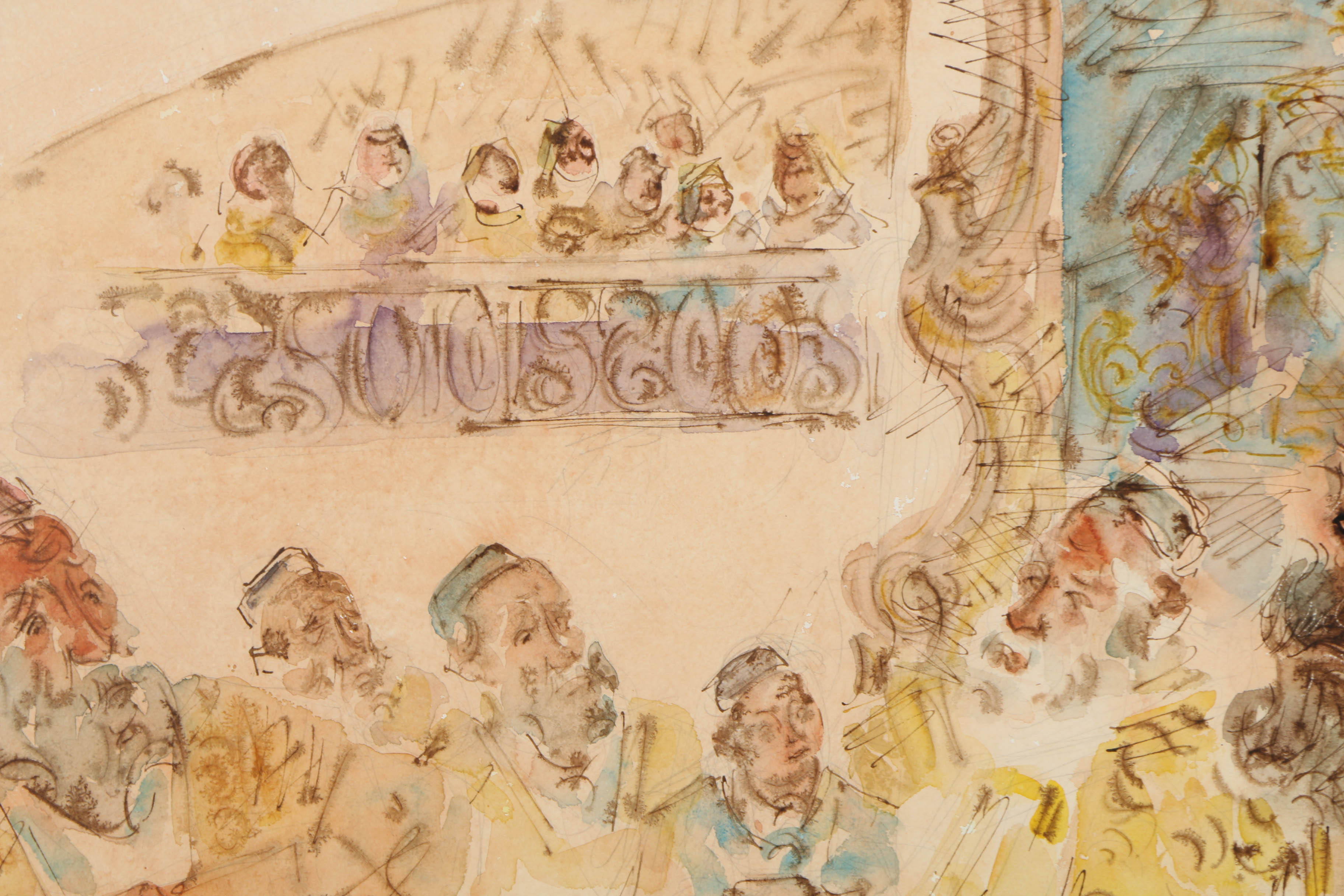 Chaim Gross Vintage Watercolor and Graphite Painting of a Jewish Assembly