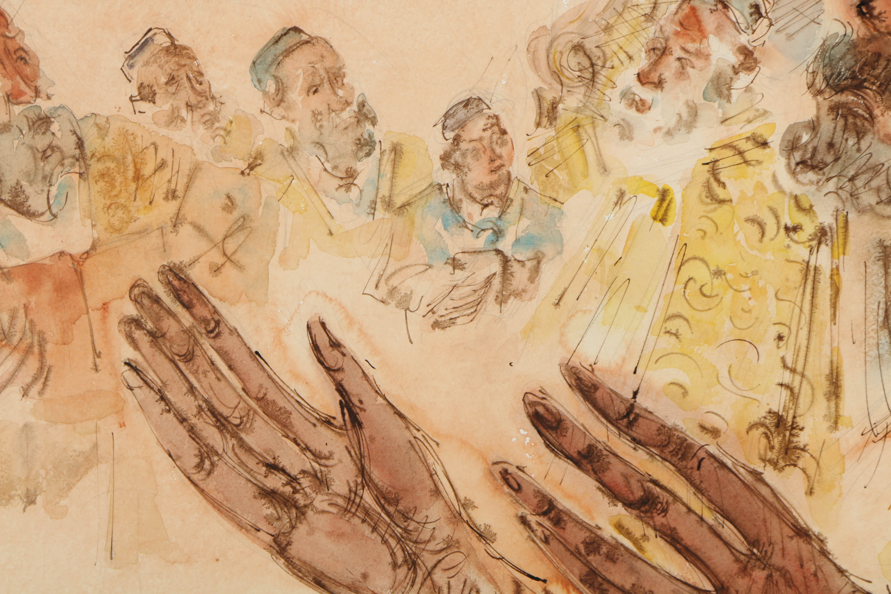 Chaim Gross Vintage Watercolor and Graphite Painting of a Jewish Assembly