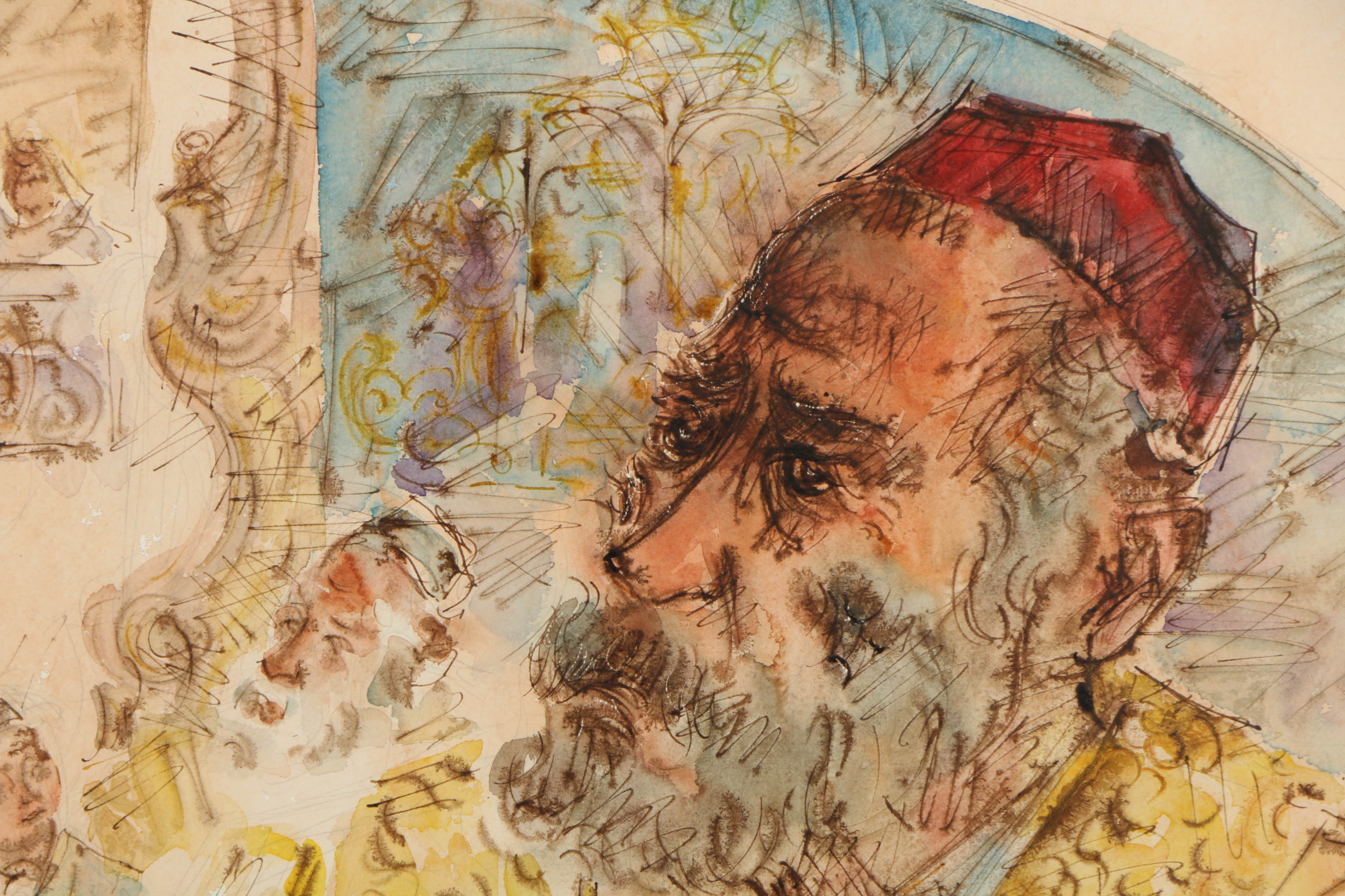 Chaim Gross Vintage Watercolor and Graphite Painting of a Jewish Assembly