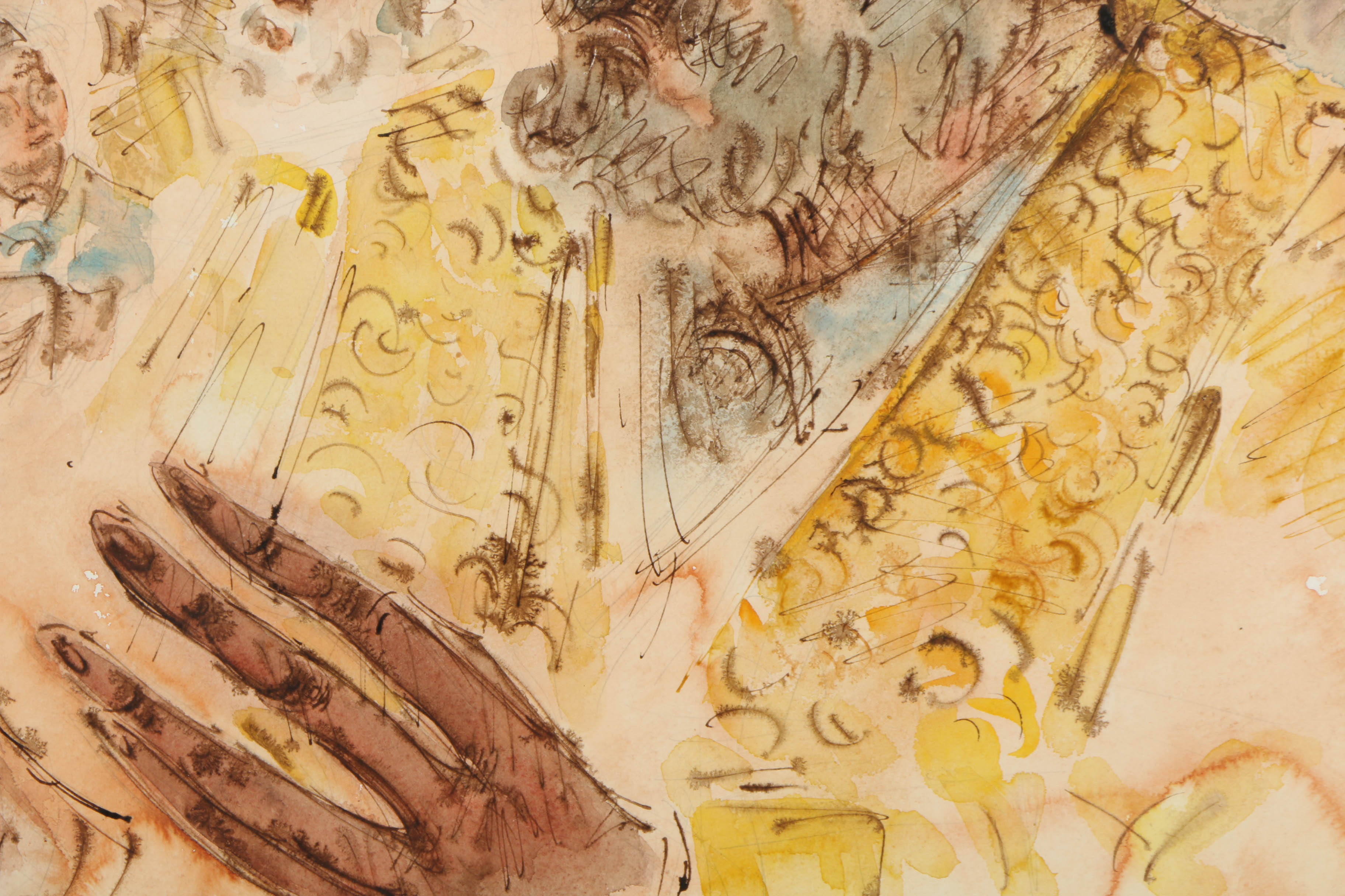 Chaim Gross Vintage Watercolor and Graphite Painting of a Jewish Assembly