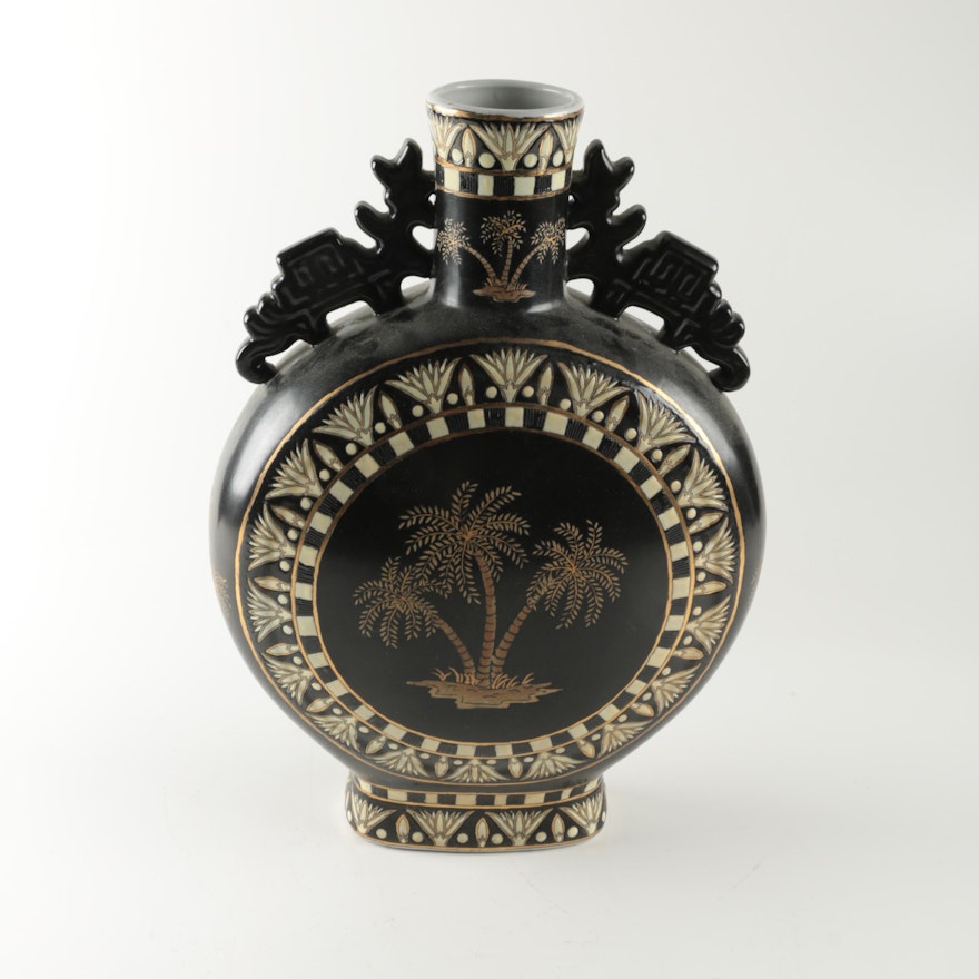 Chinese Porcelain Moon Flask Vase with Enameled Palm Tree Motif