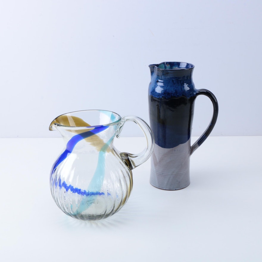 Art Glass and Hand Thrown Stoneware Pitchers