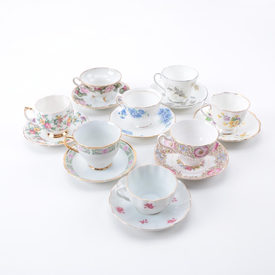Porcelain Teacups and Saucers Including Royal Vale and Royal Albert