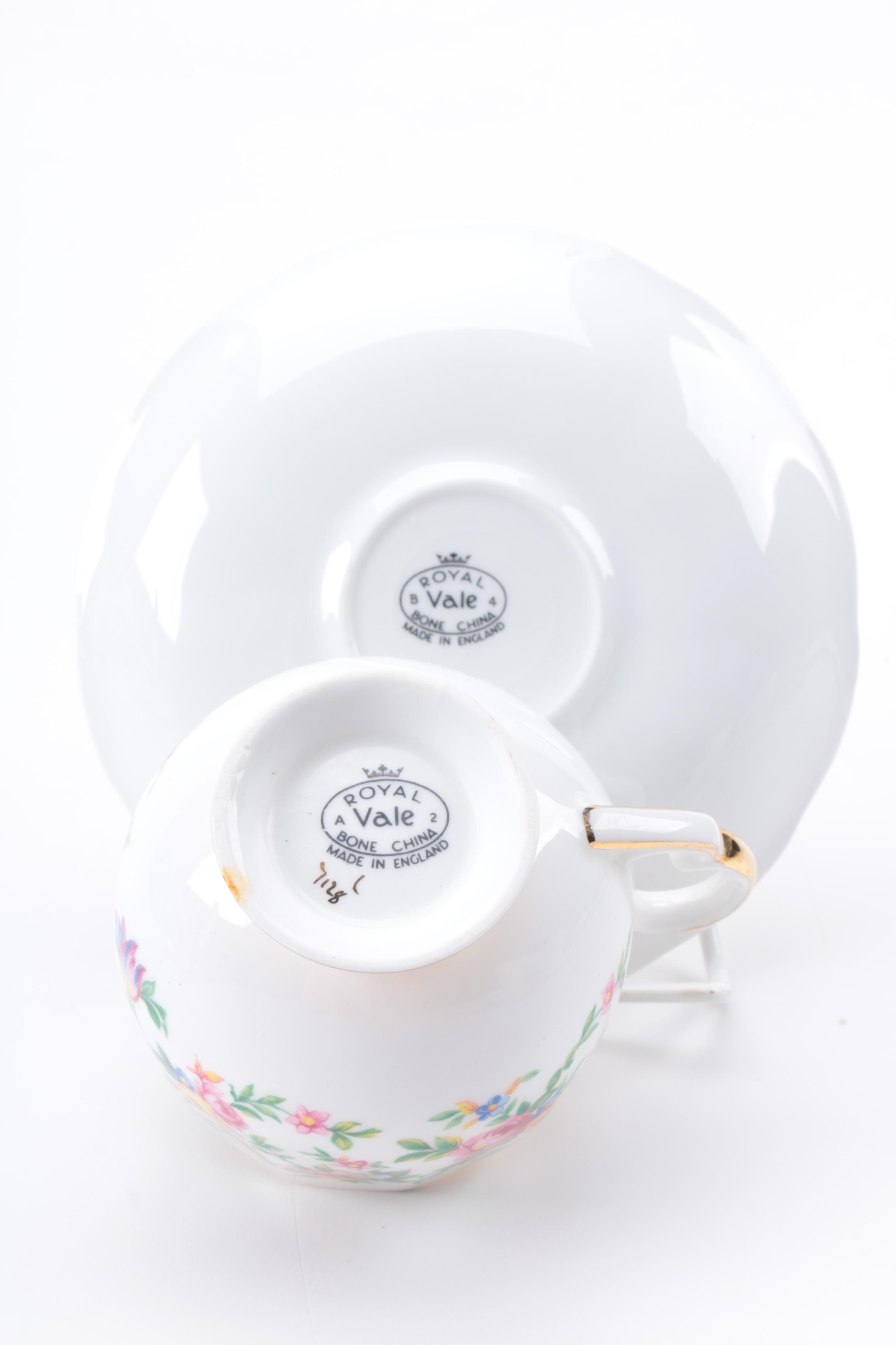 Porcelain Teacups and Saucers Including Royal Vale and Royal Albert